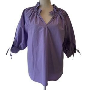 Sofia Made‎ in Italy Purple Cotton Ruffle V-Neck Tie Sleeve Blouse Medium NWT